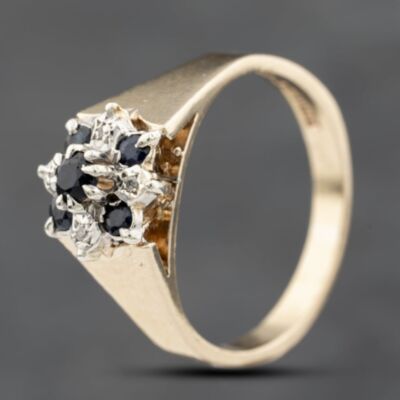 Pre-Owned Vintage 9ct Yellow Gold Sapphire & Diamond Flower Cluster Ring 41383812