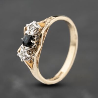 Pre-Owned 9ct Yellow Gold Sapphire & 0.02ct Diamond Three Stone Ring 41383892
