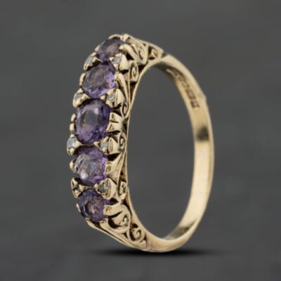 Pre-Owned 9ct Yellow Gold Amethyst & 0.05ct Diamond Half Eternity Ring 41384015