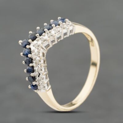 Pre-Owned 9ct Yellow Gold Sapphire & 0.05ct Diamond 2 Row Wishbone Ring 41384117