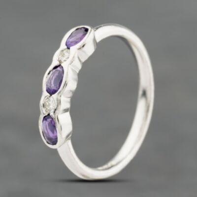 Pre-Owned 9ct White Gold Amethyst & 0.06ct Brilliant Cut Diamond Five Stone Ring 41384125