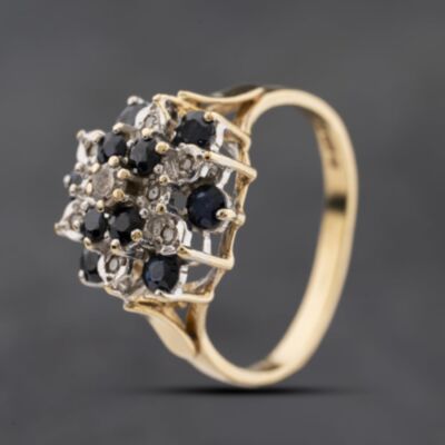 Pre-Owned 9ct Yellow Gold Sapphire & Diamond Large Cluster Ring 41384268