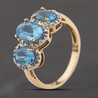 Pre-Owned 9ct Yellow Gold 2.50ct Blue Topaz & 0.05ct Diamond Triple Cluster Ring 41384325