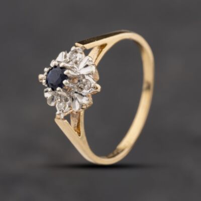 Pre-Owned 9ct Yellow Gold Sapphire & Diamond Flower Cluster Ring 41384348