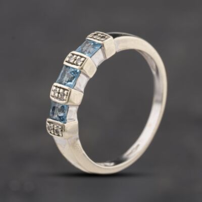 Pre-Owned 9ct White Gold Blue Topaz & Diamond Square Cut Half Eternity Ring 41384351