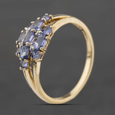 Pre-Owned 9ct Yellow Gold Tanzanite & 0.02ct Diamond Cluster Ring 41384388
