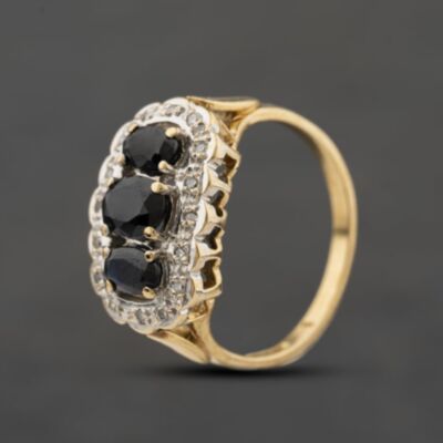 Pre-Owned 9ct Yellow Gold Sapphire & 0.12ct Diamond Scallop Shaped Cluster Ring 41384510
