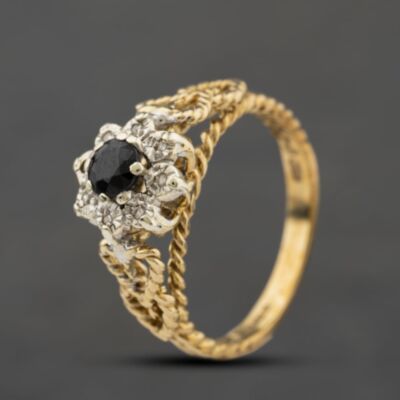 Pre-Owned 9ct Yellow Gold Sapphire & 0.04ct Diamond Flower Heart Shoulders Cluster Ring 41384511