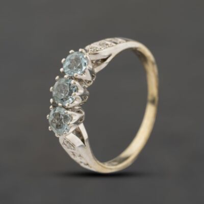 Pre-Owned 9ct White Gold Blue Topaz & 0.03ct Diamond Three Stone Ring 41384516