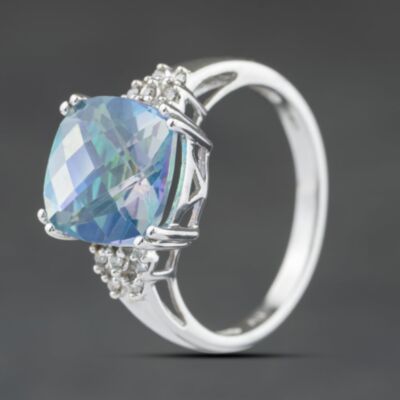 Pre-Owned 9ct White Gold Mystic Topaz & 0.05ct Diamond Cushion Shape Dress Ring 41384553