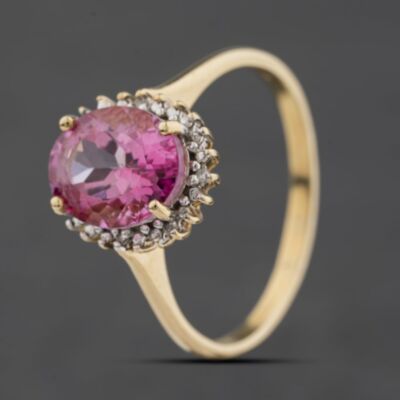 Pre-Owned 9ct Yellow Gold Colour Treated Pink Topaz & 0.02ct Diamond Oval Cluster Ring 41384579