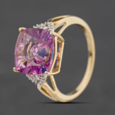 Pre-Owned 9ct Yellow Gold Pink Topaz & 0.05ct Diamond Cushion Dress Ring 41384581