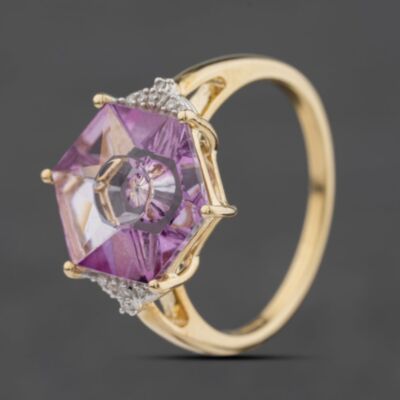 Pre-Owned 9ct Yellow Gold Pink Topaz & 0.05ct Diamond Hexagon Dress Ring 41384582