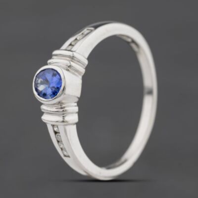 Pre-Owned 9ct White Gold Tanzanite & 0.08ct Diamond Rubover Dress Ring 41384585