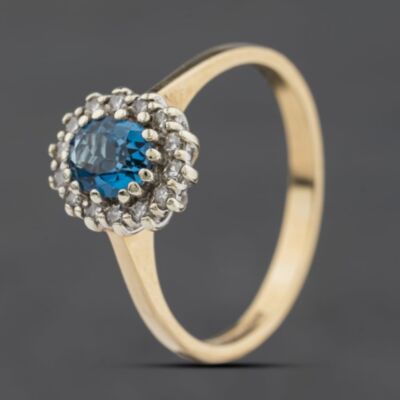 Pre-Owned 9ct Yellow Gold Blue Topaz & 0.15ct Diamond Oval Cluster Ring 41384590