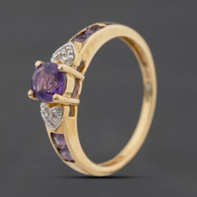 Pre-Owned 9ct Yellow Gold Amethyst & 0.02ct Diamond Dress Ring 41384595