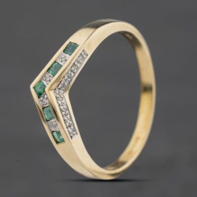 Pre-Owned 9ct Yellow Gold Emerald & 0.08ct Diamond Half Wishbone Ring 41384598