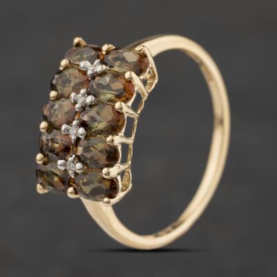 Pre-Owned 9ct Yellow Gold Smoky Quartz & 0.04ct Diamond Three Row Ring 41384668