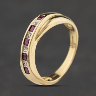 Pre-Owned 9ct Yellow Gold Ruby & 0.02ct Diamond Crossover Half Eternity Ring 41384680