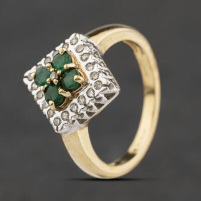 Pre-Owned 9ct Yellow Gold Emerald & 0.16ct Diamond Cluster Ring 41384689