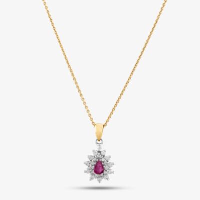 Pre-Owned 18ct Yellow Gold Ruby & Diamond Cluster Pendant & 18 Inch Trace Chain 4139945