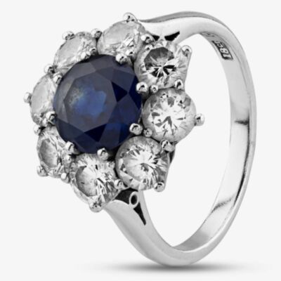 Pre-Owned Vintage White Gold Sapphire & 2.00ct Brilliant Cut Diamond Cluster Ring 414800794