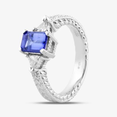 Pre-Owned 14ct White Gold Emerald Cut Tanzanite & Trillion Cut Diamond Three Stone Ring 41481270