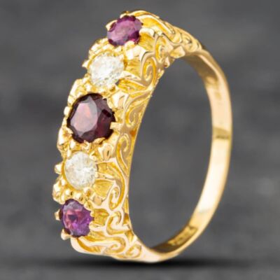 Pre-Owned 18ct Yellow Gold Brilliant Cut Garnet & Diamond Filigree Setting Five Stone Ring 41481359