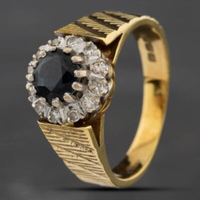 Pre-Owned Vintage 18ct Yellow Gold Sapphire & Single Cut Diamond Cluster Ring 41481431