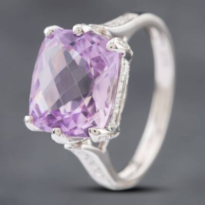 Pre-Owned 18ct White Gold 7.15cts Kunzite & 0.21ct Cushion Cut Diamond Chequerboard Faceted Dress Ring 41481509