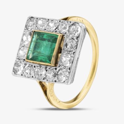 Pre-Owned Vintage 15ct Yellow Gold Emerald & Diamond Square Cluster Ring 41481760