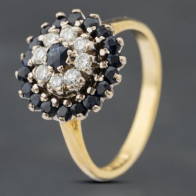 Pre-Owned Vintage 18ct Yellow Gold Sapphire & Brilliant Cut Diamond Round Cluster Ring 41481816