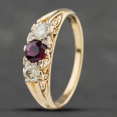 Pre-Owned Vintage 18ct Yellow Gold Ruby & 0.33ct Diamond Three Stone Ring 41482102