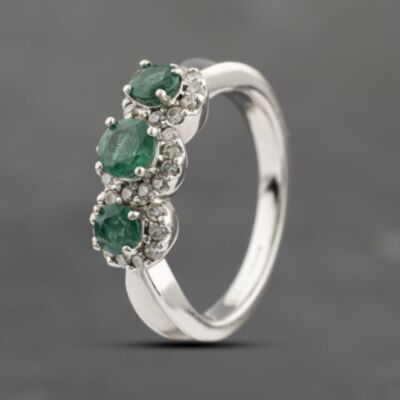 Pre-Owned 18ct White Gold Emerald & 0.30ct Diamond Triple Cluster Ring 41482317