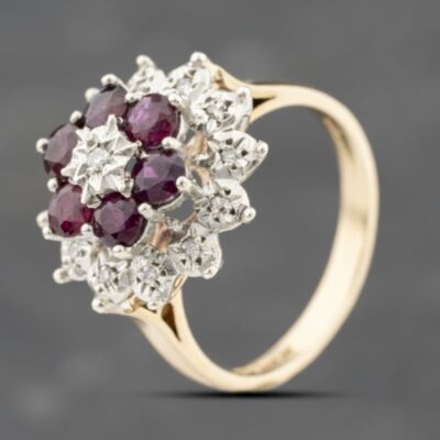 Pre-Owned 9ct Yellow Gold Ruby & 0.07ct Diamond Cluster Ring 41482321
