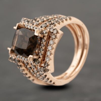 Pre-Owned Vintage 14ct Rose Gold Smokey Quartz Le Vian Oblong Three Ring Set Cluster Ring 41482453