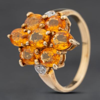 Pre-Owned 9ct Yellow Gold Orange Topaz & 0.02ct Diamond Cluster Ring 41482460