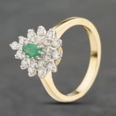 Pre-Owned 9ct Yellow Gold Emerald & 0.50ct Brilliant Cut Diamond Cluster Ring 41482557