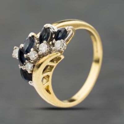 Pre-Owned 18ct Yellow Gold Sapphire & Diamond Leaf Design Dress Ring 41482668