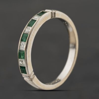 Pre-Owned 18ct White Gold Emerald & 0.24ct Princess Cut Diamond Half Eternity Ring 41482758