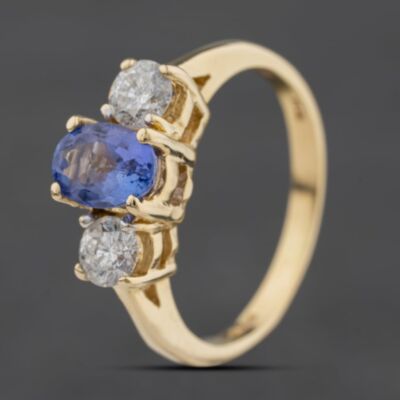 Pre-Owned 14ct Yellow Gold Tanzanite & 0.50ct Diamond Three Stone Ring 41482850