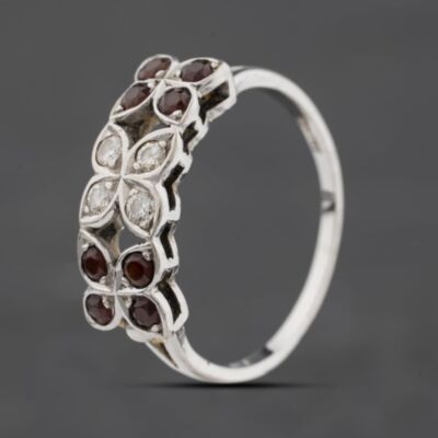 Pre-Owned Vintage White Gold Garnet & 0.16ct Diamond Open Work Flower Design Dress Ring 41482877