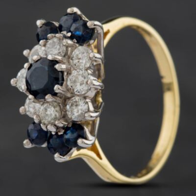 Pre-Owned Vintage 18ct Yellow Gold Sapphire & Brilliant Cut Diamond Cluster Ring 4148528