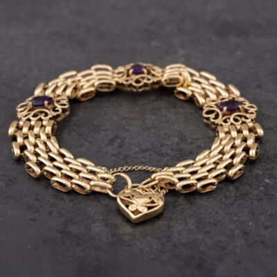 Pre-Owned 9ct Yellow Gold Amethyst 8 Inch Gate Bracelet 41531031