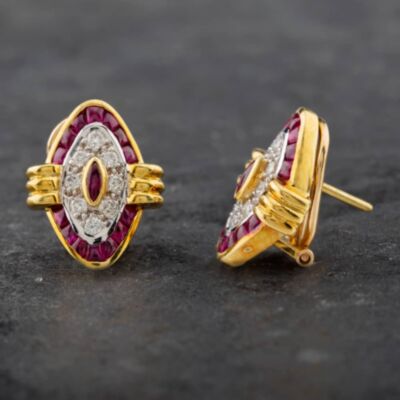 Pre-Owned 18ct Yellow Gold Ruby & Brilliant Cut Diamond Stud Earrings 4165278