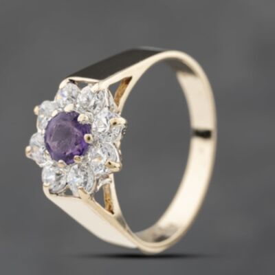 Pre-Owned 9ct Yellow Gold Amethyst & Cubic Zirconia Cluster Ring 41671460