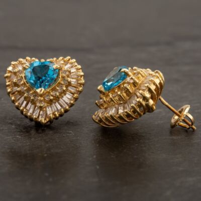 Pre-Owned 14ct Yellow Gold Diamond and Blue Topaz Heart Studs 4217026
