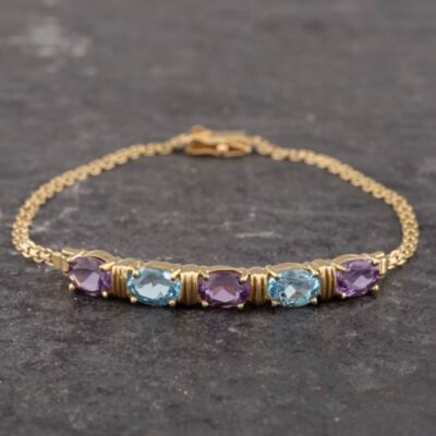 Pre-Owned 14ct Yellow Gold Blue Topaz & Amethyst 7 Inch Belcher Bracelet 43071003