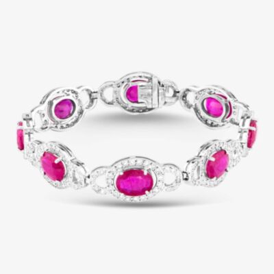 Pre-Owned 14ct White Gold Oval Cut Ruby & Brilliant Cut Diamond Halo 7.25 Inch Bracelet 43071009