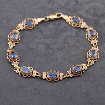 Pre-Owned 9ct Yellow Gold Blue Topaz Filigree 7.5 Inch Bracelet 43071018